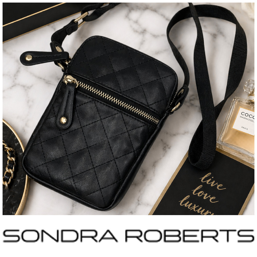 Sondra Roberts Squared Classic Quilted Leather Crossbody Mini Bag Black Gold Zip